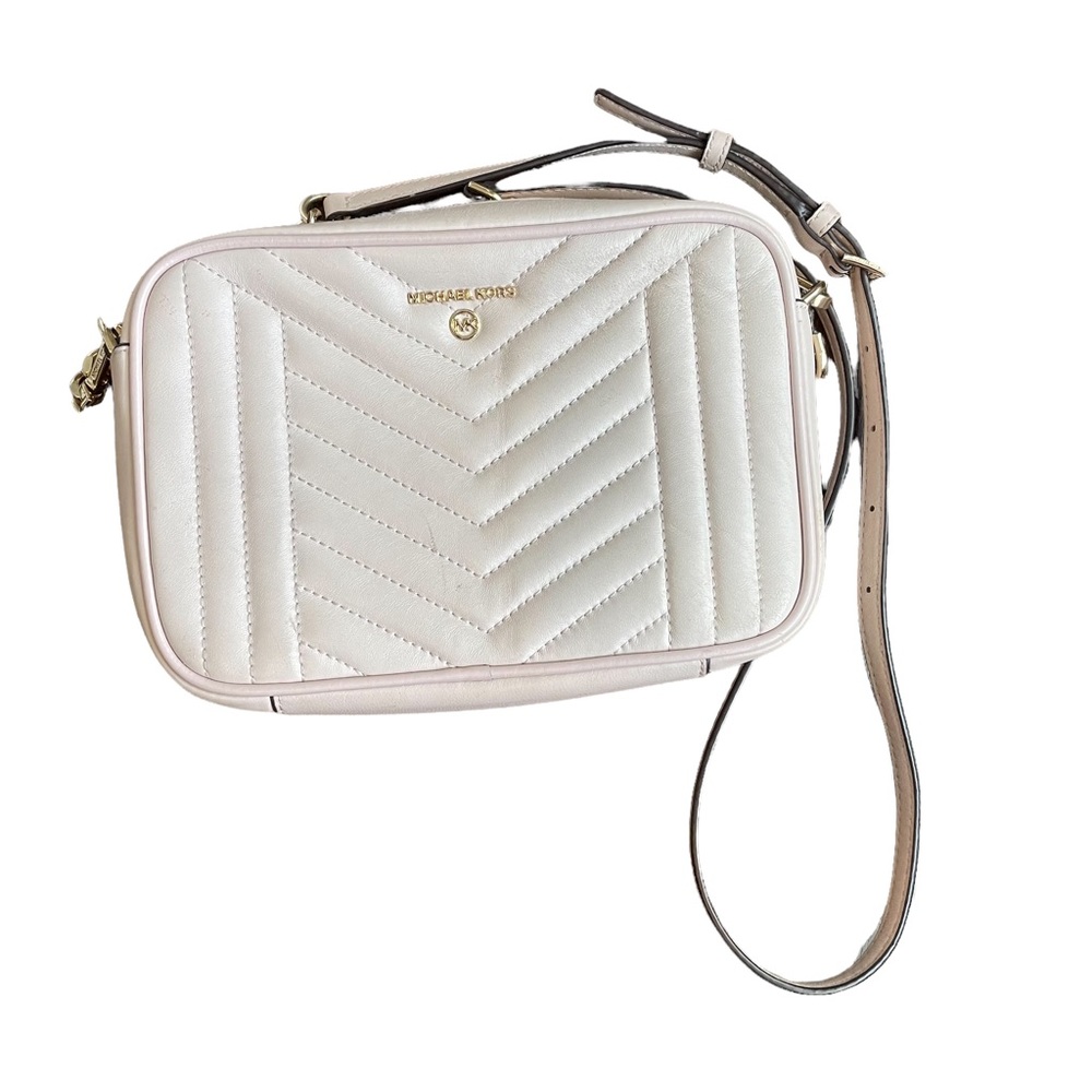 Michael Kors White Quilted Crossbody Camera Bag with Tan Strap